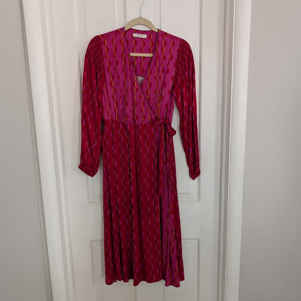 Beatrice B Women's Midi Dress SIZE 2  Faux Wrap Long Sleeve Colorful Italy Flowy